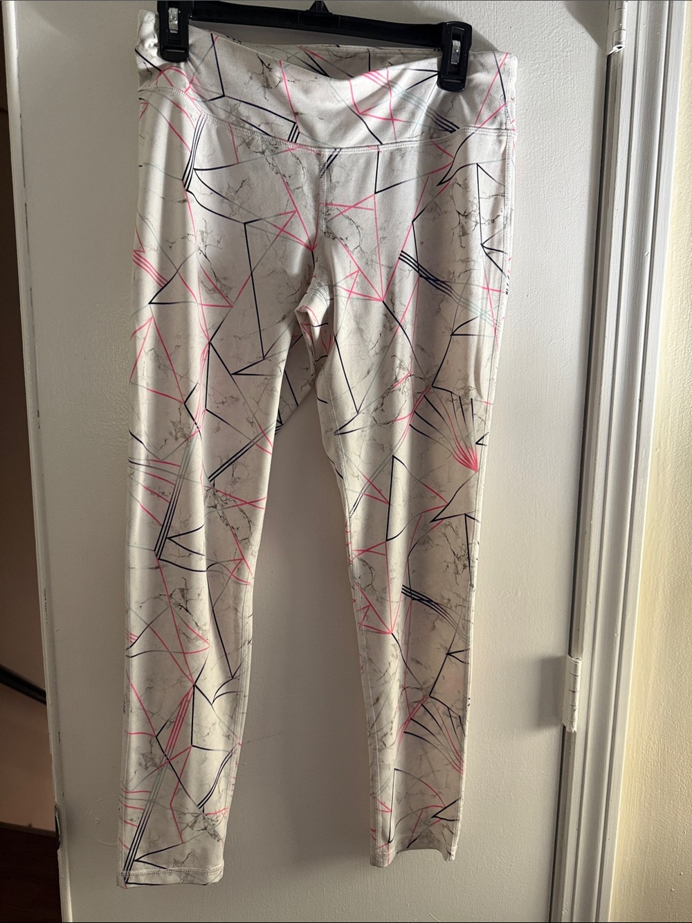 Material Girl White Geometric Print Leggings with Pink & Black Lines
